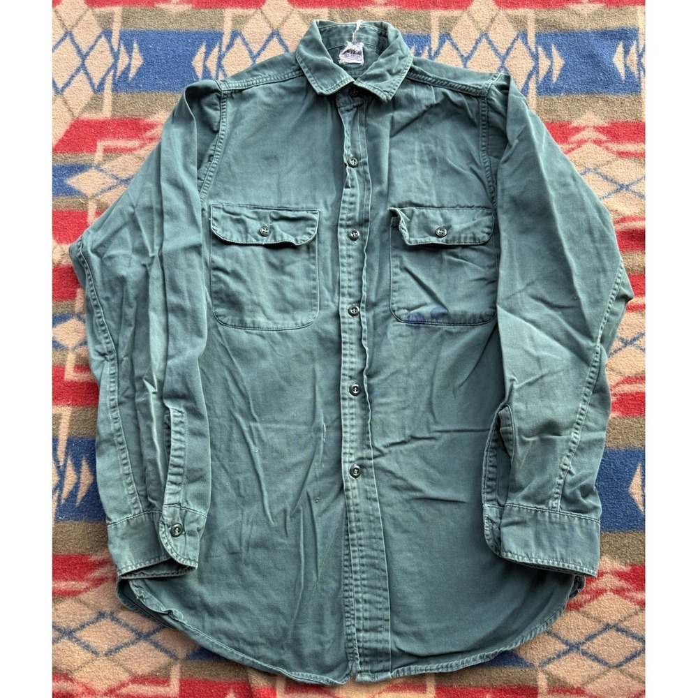 Vintage 1950s Big Yank Sanforized Cotton Work Shirt Sz Medium Tall‎ Green Grunge